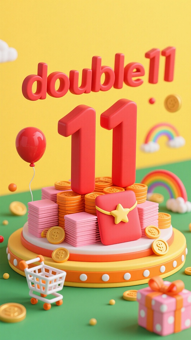 粘土风。黄色背景，画面中心是巨大的红色立体数字“double11” 文字立在用红包堆成的圆台上，周围环绕金币、橙色带白点的粉色礼物盒、购物车、红色气球，还有星星、彩虹、小圆点等小装饰，整体布局紧凑