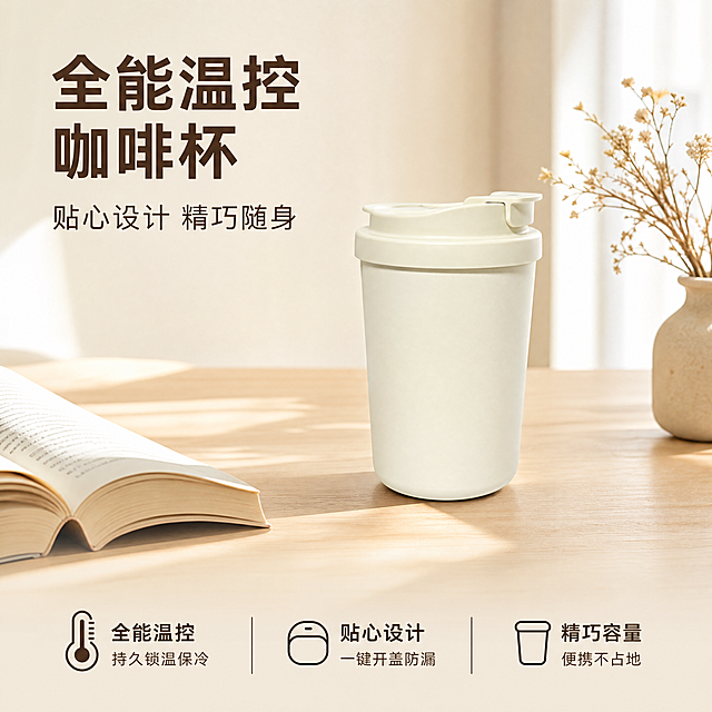 [主图-1] 奶白色咖啡杯家居场景首图
[氛围风格] 家居治愈风，温暖自然
[画质] 商业摄影质感，光线柔和通透，产品清晰真实，画面干净高级
[元素] 奶白色随行咖啡杯放置在浅色木质桌面上，桌面搭配一小束干花和一本打开的书，营造温馨家居氛围。保持咖啡杯外观（物理结构、材质质感、颜色）与输入产品图绝对一致，杜绝任何变形和色差，精细化处理。商品主体占比严格控制在60%-80%之间，画面满屏无边框。
[光影] 明亮自然光从侧面照射，形成柔和阴影，整体高亮通透，温馨干净，突出产品洁净感
[配色] 主色调为浅米色、木色，整体清新干净，符合家居治愈风
[视角构图] 平视角度，景深适中，产品居中突出，轮廓完整不裁切
[文字版式] 左上负空间左对齐留安全边距，大字主文案“全能温控 咖啡杯”，深棕色粗体无衬线；下方辅助短句“贴心设计 精巧随身”，约半高同色系。底部三列均匀分布卖点，每列上短句下说明：第一列「全能温控」「持久锁温保冷」第二列「贴心设计」「一键开盖防漏」第三列「精巧容量」「便携不占地」，文字颜色深棕，背景浅木色半透明渐变蒙层，对比清晰易读。
[比例分辨率] 1:1比例，4k分辨率，文字清晰锐利，超高清
[负向提示词] 变形，水印，文字错乱，产品图模糊，背景杂乱