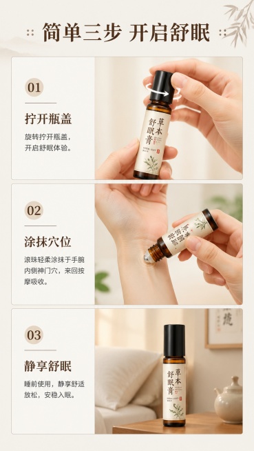[第6屏] 使用步骤演示，草本舒眠膏使用方法展示。
[氛围/风格] 清晰步骤分解，简约大方，新中式干净风格。
[元素布局] 竖向三格分步展示：第一格「拧开瓶盖」展示打开动作，第二格「涂抹穴位」展示滚珠预览效果