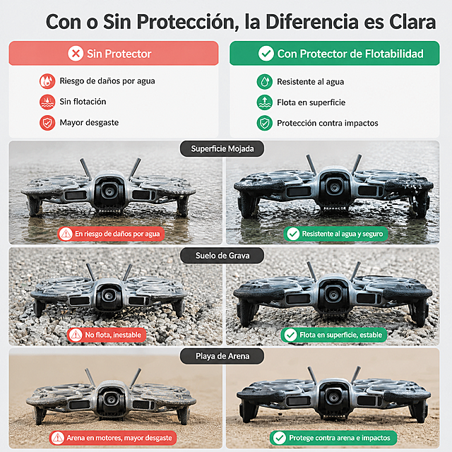 [第3张] Gráfico comparativo de uso del protector de flotabilidad para drone NEO 2. Página de comparación antes/después y con/sin protección. Esta imagen utiliza la [图3] como referencia de escenas de uso y detalles frontales.
[氛围/风格] Estilo informativo y objetivo, fotografía comercial realista, tono técnico y confiable.
[元素布局] Diseño de comparación en dos columnas verticales. Columna izquierda: drone sin protector de flotabilidad sobre superficies mojadas, con aspecto vulnerable y riesgo de daños; columna derecha: mismo drone con protector de flotabilidad negro instalado, sobre superficie mojada, suelo de grava y playa, mostrando estabilidad y protección. Se añaden iconos de marca de verificación y de advertencia para resaltar las diferencias. La estructura frontal del drone y el protector deben coincidir con la imagen de referencia.
[光影质感] Iluminación uniforme y natural en ambas columnas para garantizar una comparación justa, sombras suaves, textura realista de las superficies (agua, grava, arena).
[配色色系] Fondo general gris claro #F3F4F6; columna izquierda con acento rojo suave #EF4444; columna derecha con acento verde #10B981; texto en gris oscuro #111827.
[视角构图] Vista frontal del drone en ambas columnas, alineación simétrica para facilitar la comparación, recorrido de lectura de izquierda a derecha.
[文字版式] Todo el texto en español. Título superior central: «Con o Sin Protección, la Diferencia es Clara»; etiqueta columna izquierda: «Sin Protector», con puntos: «Riesgo de daños por agua», «Sin flotación», «Mayor desgaste»; etiqueta columna derecha: «Con Protector de Flotabilidad», con puntos: «Resistente al agua», «Flota en superficie», «Protección contra impactos». Iconos sencillos acompañan cada punto. Tipografía sans-serif clara, sin caracteres chinos.
[比例分辨率] Proporción 1:1, resolución 2K, texto nítido, imagen de alta calidad.
[负向提示词] asimetría entre columnas, deformación del producto, desviación de color, texto ilegible, texto en chino, marcas de agua, comparación confusa.
