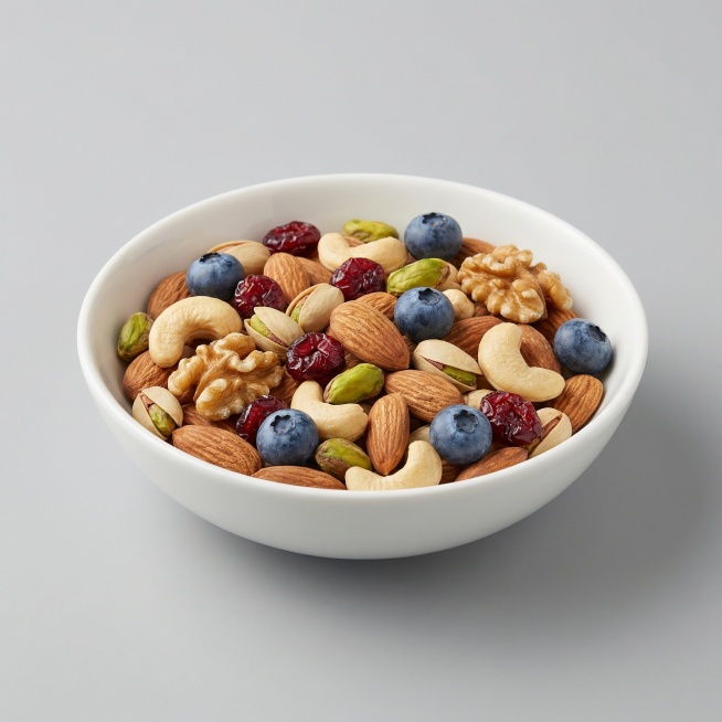 写实美食特写摄影，一碗由杏仁、腰果、开心果和核桃仁、四颗蔓越莓干组成的美无瑕混合果仁，果仁上分散点缀五颗蓝莓，碗身圆润的超浅口的碗呈白色，灰色背景，高细节，画面干净通透，8K分辨率，商业食品摄影，光线预览效果