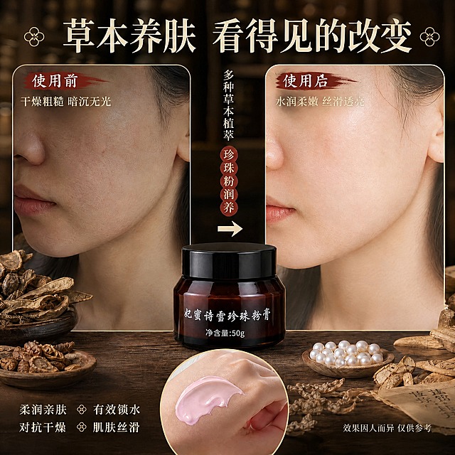 将图片底部手背上的膏体颜色改为淡粉色，质地参考第二张图中粉色珍珠粉膏的颜色和质地，保持原图其余所有元素、文字、布局、人物、产品瓶身、背景、药材、珍珠等全部保持不变，整体风格统一自然真实，高清商业摄影质感