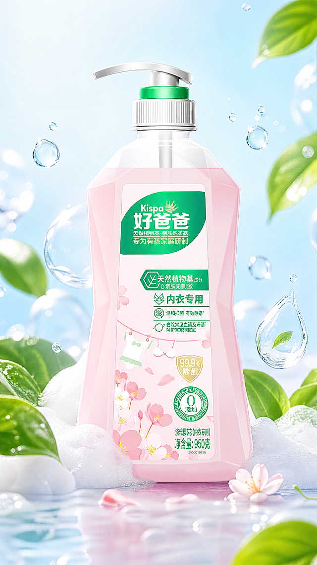 好爸爸天然亲肤洗衣露产品展示图，清新洁净风格。洗衣露瓶身置于画面中央，周围环绕透明水滴、白色泡沫和绿色叶片元素。背景为浅蓝白渐变，干净明亮。瓶身外观与参考图一致。商业摄影质感，柔和光线，整体通透洁净。九比十六竖版，四K高清。