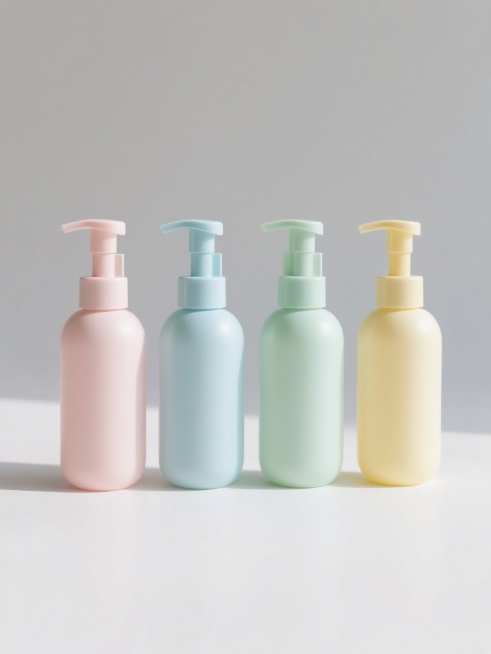 极简主义风格的产品摄影，四个不同样式的塑料按压瓶，每个瓶子拥有独特的配色（如淡粉、浅蓝、薄荷绿、鹅黄），瓶身设计略有差异（如不同弧度的瓶肩、或细微的线条装饰），均保持简约圆润的整体造型，白色纯色背景，瓶子以等间距整齐排列成一行，柔和的顶部柔光照明，清晰的瓶身高光与细腻阴影，光滑的塑料材质质感，高清晰度，产品展示感，干净利落的构图。预览效果