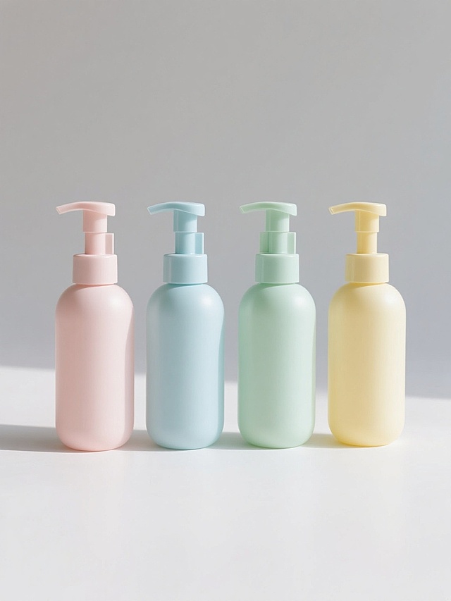 极简主义风格的产品摄影，四个不同样式的塑料按压瓶，每个瓶子拥有独特的配色（如淡粉、浅蓝、薄荷绿、鹅黄），瓶身设计略有差异（如不同弧度的瓶肩、或细微的线条装饰），均保持简约圆润的整体造型，白色纯色背景，瓶子以等间距整齐排列成一行，柔和的顶部柔光照明，清晰的瓶身高光与细腻阴影，光滑的塑料材质质感，高清晰度，产品展示感，干净利落的构图。