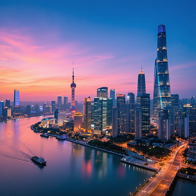 上海陆家嘴金融中心的航拍全景，标志性建筑群包括东方明珠电视塔、上海中心大厦、环球金融中心和金茂大厦，建筑群在日落时分被温暖的橙粉色霞光与深蓝渐变的天空映照，建筑物玻璃幕墙反射着天空的色彩，黄浦江蜿蜒流过城市，水面上有船只驶过留下的波纹和灯光倒影，岸边的道路和建筑灯光已点亮，形成璀璨的城市夜景与黄昏天空的过渡效果，整体呈现出现代、繁华、大气的都市氛围，画面构图采用广阔的远景视角，展现城市的宏伟规模和天际线轮廓，色彩以蓝色、紫色、橙色为主色调，光影对比鲜明，细节丰富，具有高度写实的摄影质感和高清画质。