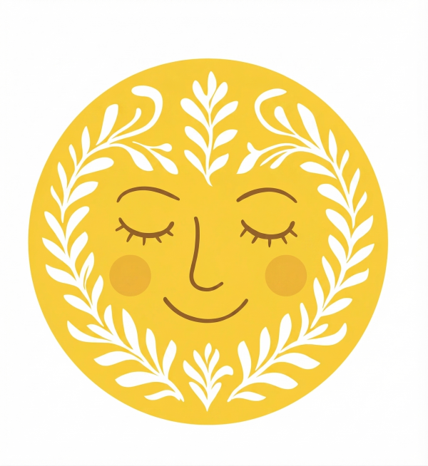 将图片转换为清晰的矢量化图形，修复模糊和bug，保留原图的太阳人脸和枝叶元素，保持线条干净流畅，色彩纯净预览效果