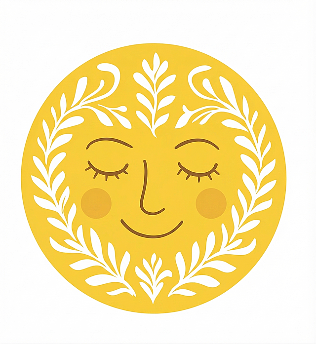 将图片转换为清晰的矢量化图形，修复模糊和bug，保留原图的太阳人脸和枝叶元素，保持线条干净流畅，色彩纯净