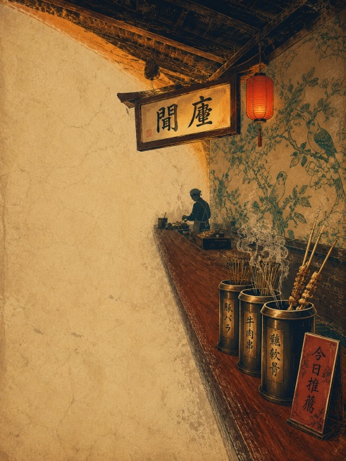 东方复古版画风格海报，做旧宣纸米黄色底纹，全图覆盖轻微裂纹和褪色纹理，木刻版画线条勾勒物体轮廓，工笔感平涂填色。3:4竖版构图，大对角构图，左下三分之二区域纯米黄留白预留文字，右上三分之二为内容区。内预览效果