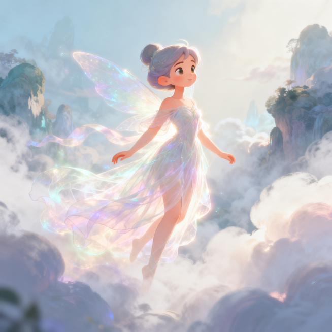 仙女下凡主题卡通插画，仙女身着飘逸纱裙，周身环绕柔和光晕，背景是云雾缭绕的仙境，整体风格唯美灵动，色彩清新柔和预览效果