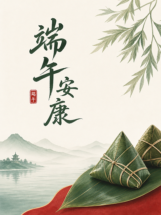 简化这张端午安康海报，去掉冗余装饰元素，保留核心的端午安康文字、粽子和国风基础元素，让整体排版更简洁干净，保持原有的国风水彩风格和红绿色调