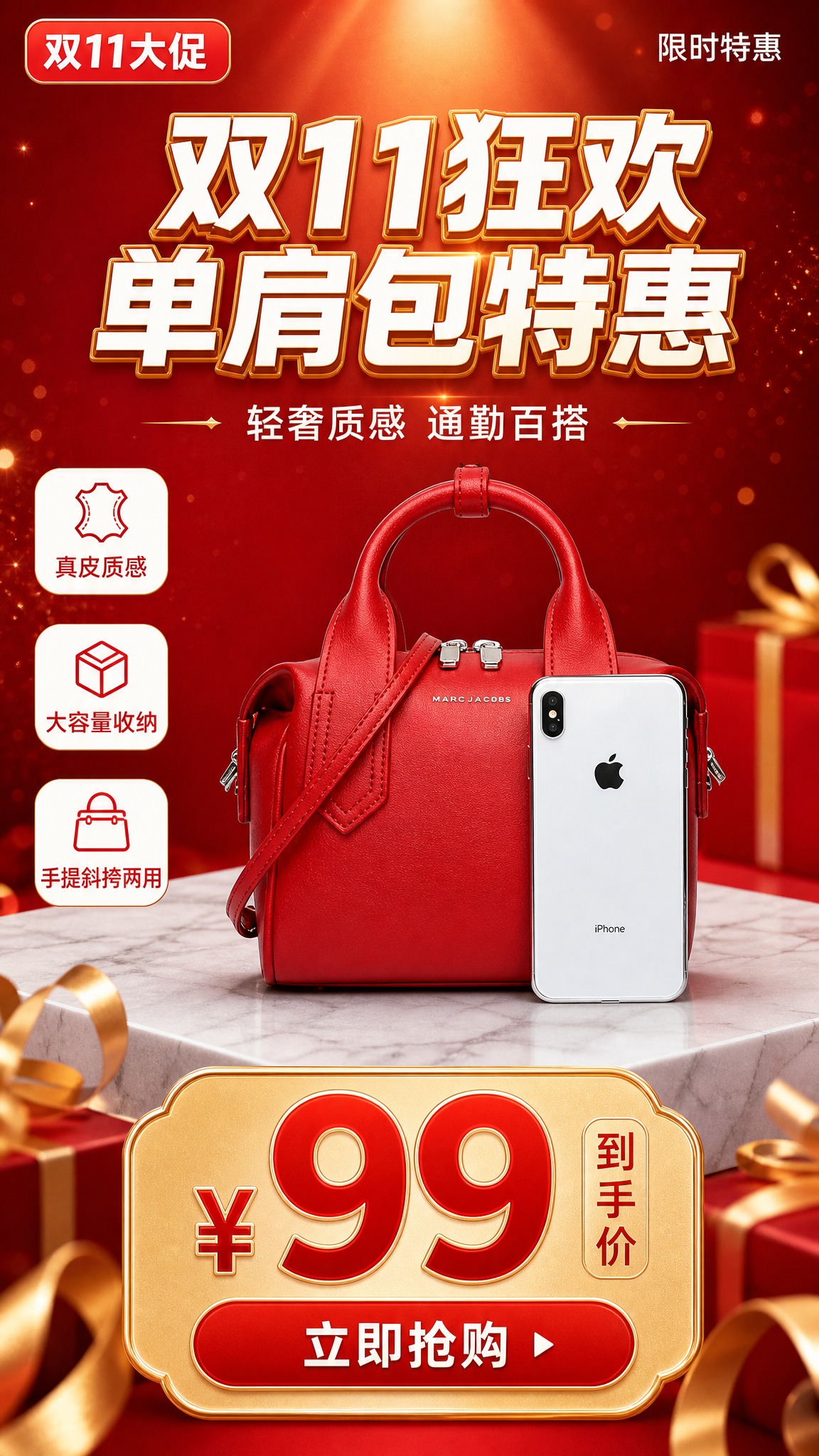 双11促销海报，红色单肩包为绝对主角，商品主体100%还原上传… - 图片创意预览