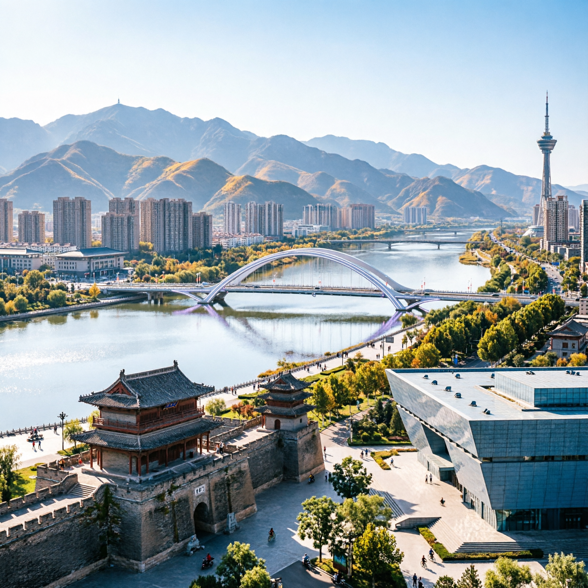 太原城市风光，展现太原标志性建筑和城市特色景观，高清写实风格，… - 图片创意预览