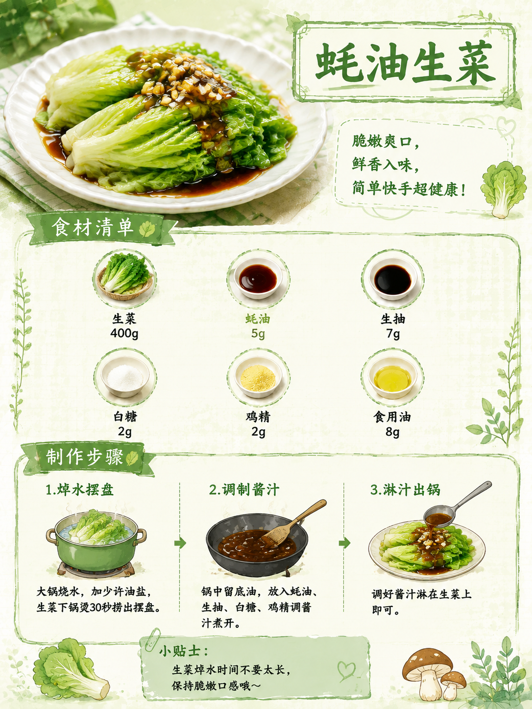 参照参考图的版式骨架和手绘食谱风格，重新设计一款蚝油生菜的菜谱… - 图片创意预览