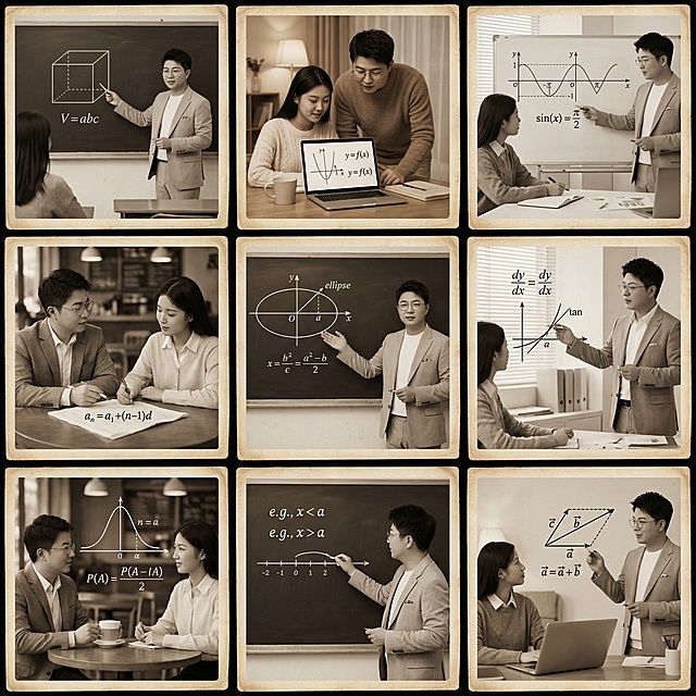 帮我生成关于高中数学的九宫格图片，要有老师和学生，老师的脸帮我设计成这张图片的，学生是中国人，场景是教室、家里、办公室、咖啡厅等，帮我生成20张
