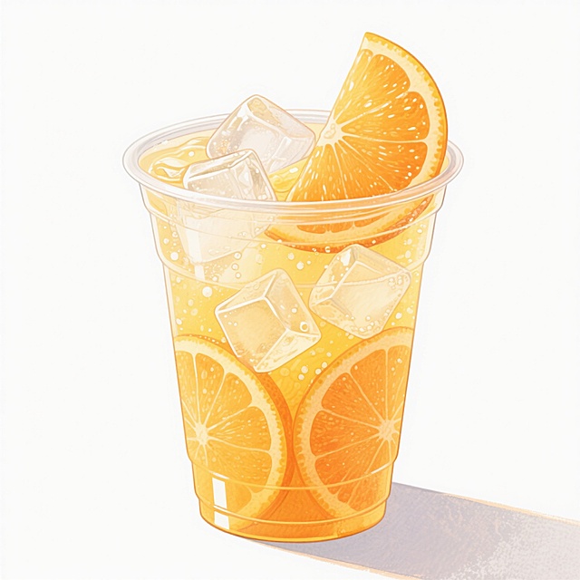 一杯装满橙黄色冰爽果汁的透明塑料杯，杯中漂浮着多块棱角分明的透明冰块和数片新鲜橙子切片，杯口边缘斜放一片完整的橙子片，果汁表面有细密气泡，整体呈现出明亮通透的光泽感，白色背景干净简洁，采用手绘插画风格，线条流畅柔和，色彩饱和度略高，带有细腻的水彩晕染质感，光影柔和自然，营造出清新夏日的氛围。