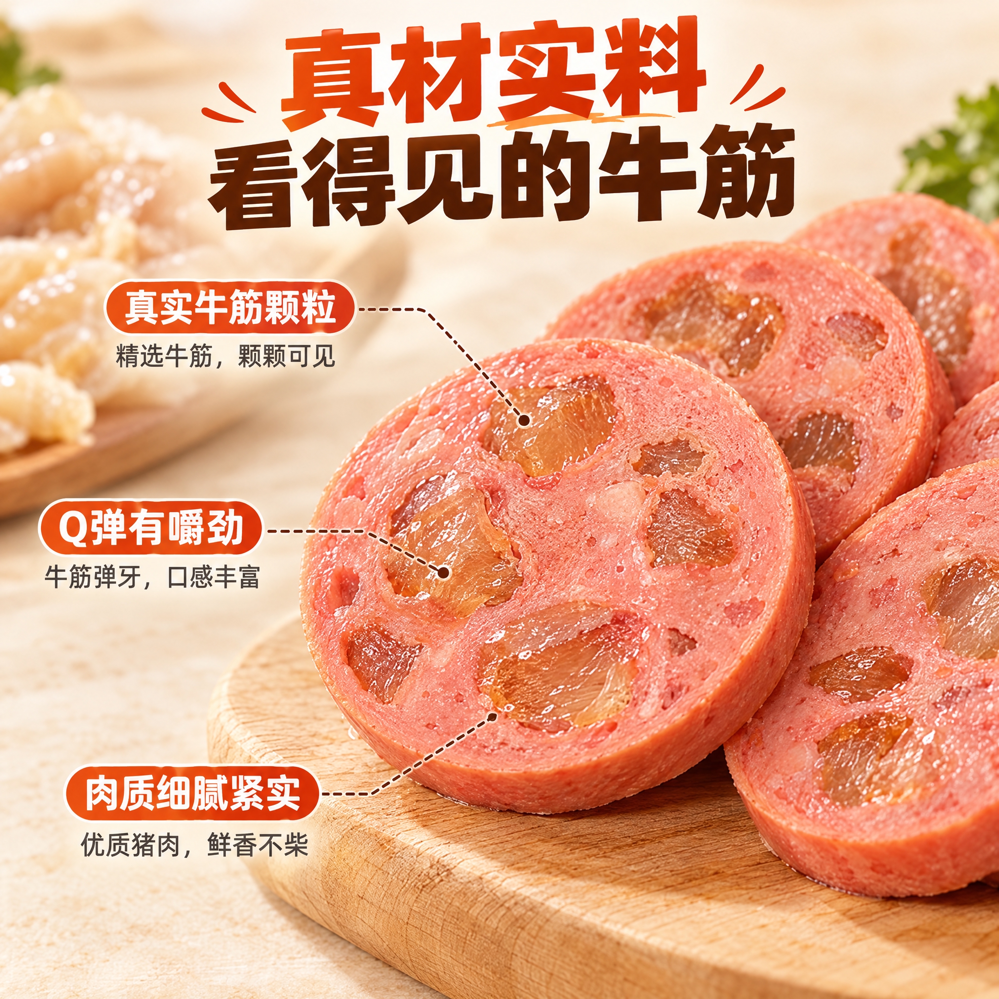 [主图-2] 牛筋火腿肠 核心亮点与品质溯源 突出真材实料牛筋… - 图片创意预览