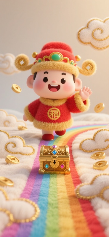米白色毛绒布料背景，一条七彩渐变的彩虹小路通向一个鎏金镶宝石的宝箱，一位穿着红色和金色绒衣的Q版财神正在彩虹路上向前面挥手，周围点缀着用金线绣制的云朵，整体呈现出精致的毛绒刺绣质感，温暖治愈，充满喜庆预览效果