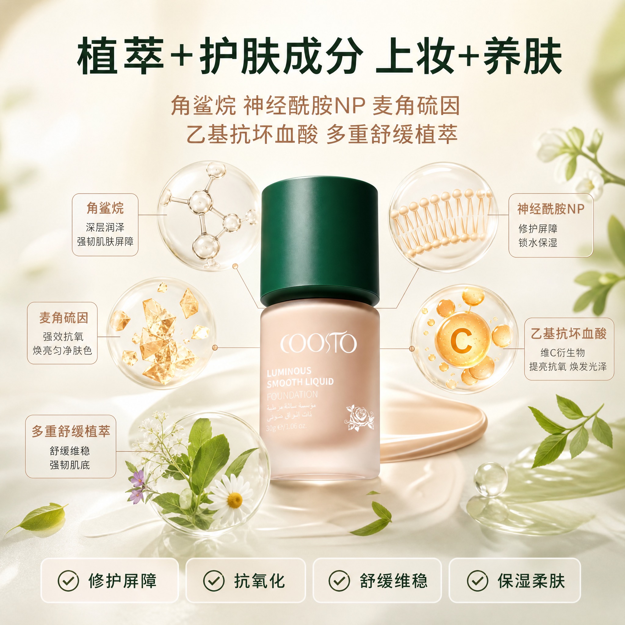 [主图-3] 养肤核心成分图，展示植萃+护肤成分上妆兼养肤的核… - 图片创意预览
