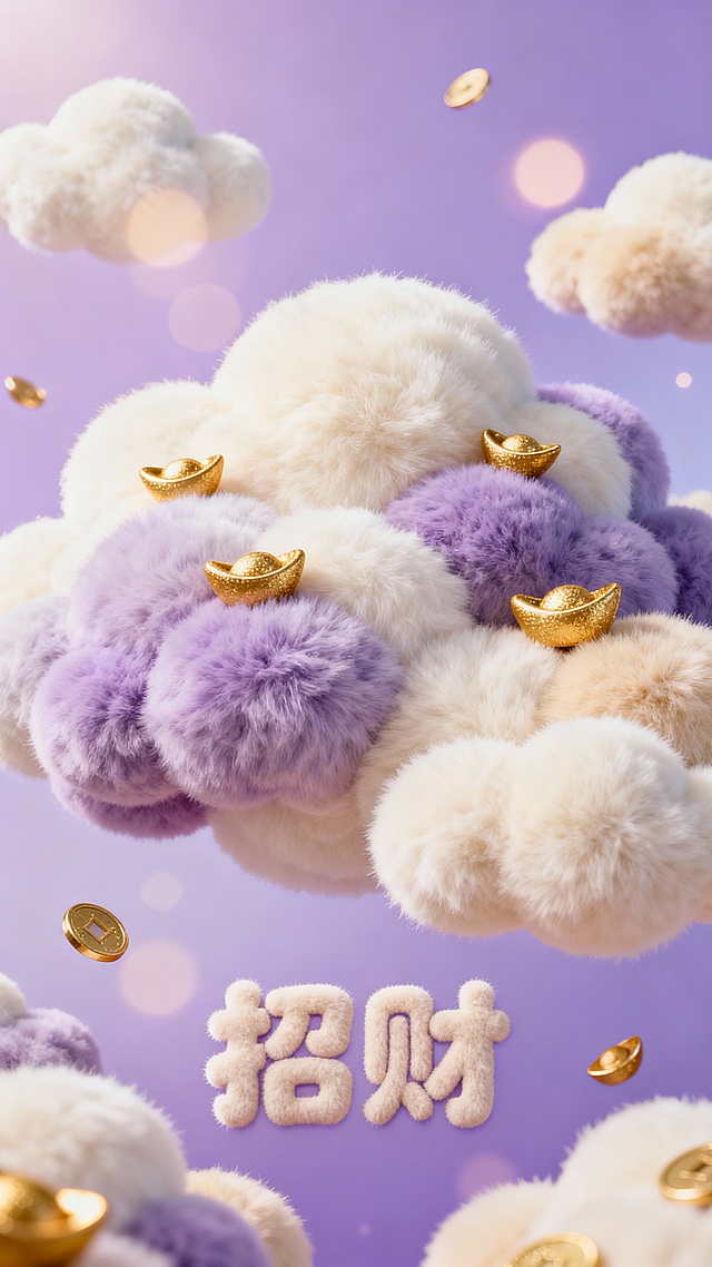 淡紫色渐变背景，漂浮着多层毛茸茸云朵（奶白 + 淡紫 + 淡金），云朵间藏着迷你毛绒金币、元宝，下方有 “招财” 圆润艺术字，搭配柔和光斑滤镜，梦幻治愈 + 发财寓意
