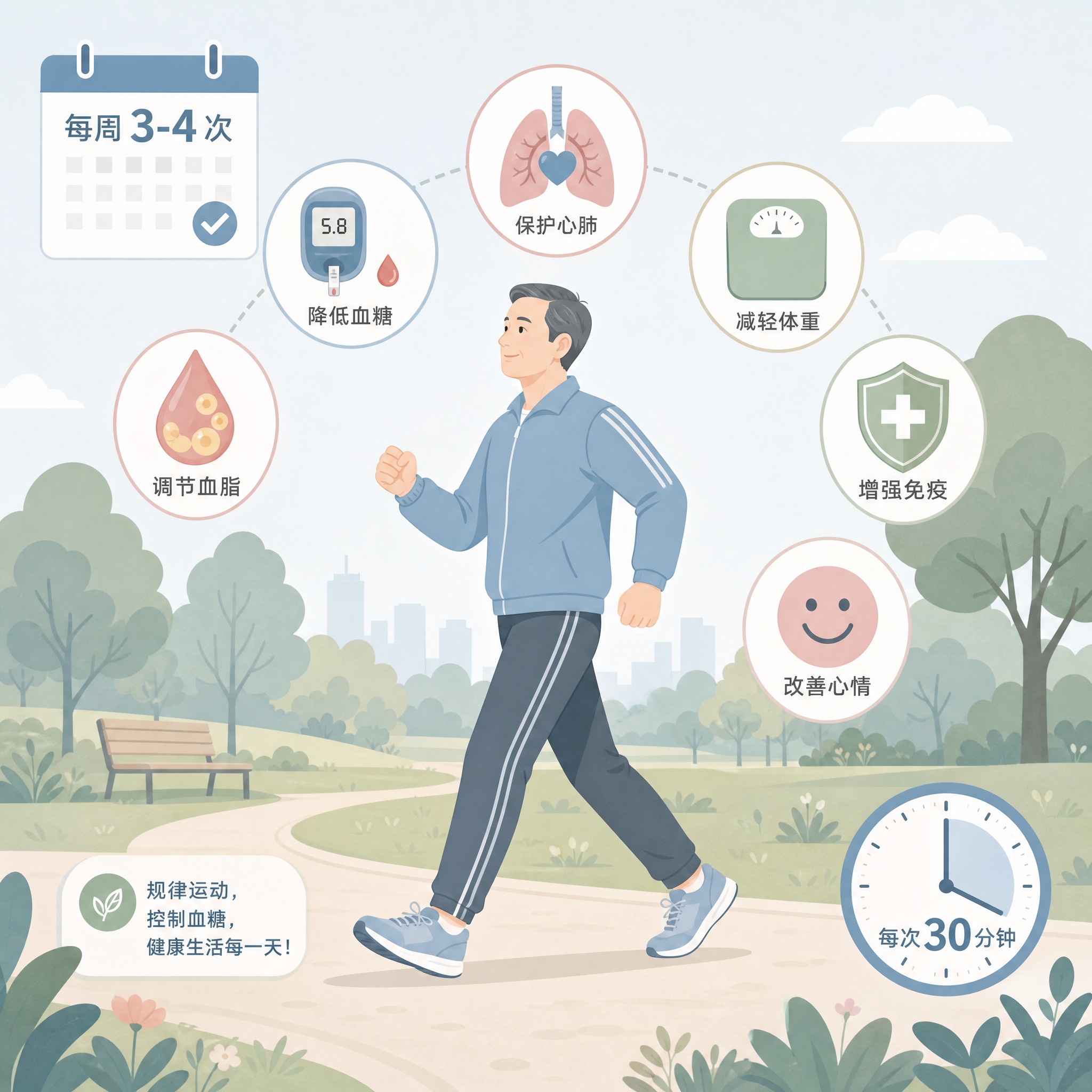 糖尿病运动科普主题插图，运动频率与好处相关，莫兰迪色系（雾霾蓝… - 图片创意预览
