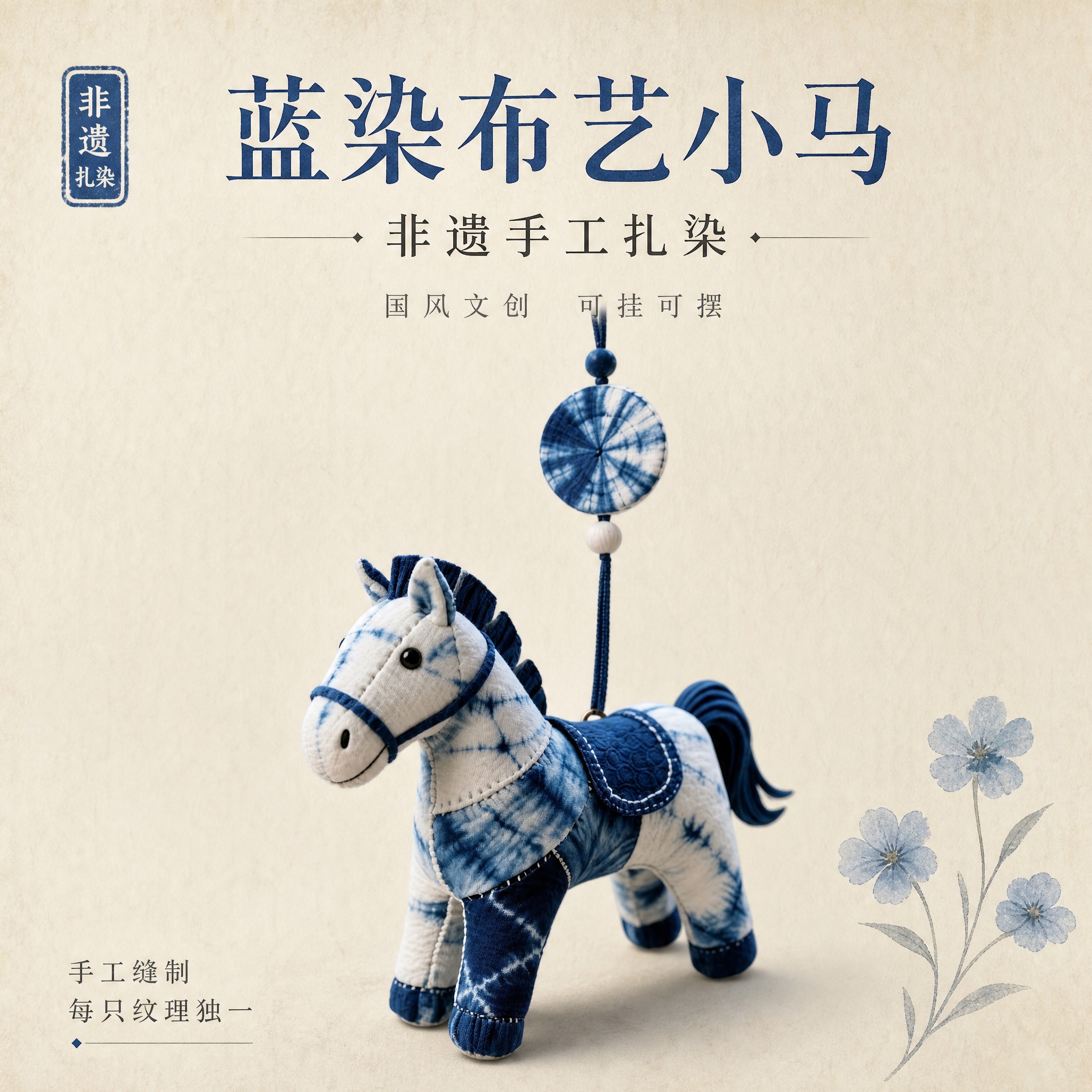 [主图-1] 蓝染扎染布艺小马挂件 首图点击率 非遗国风文创礼… - 图片创意预览