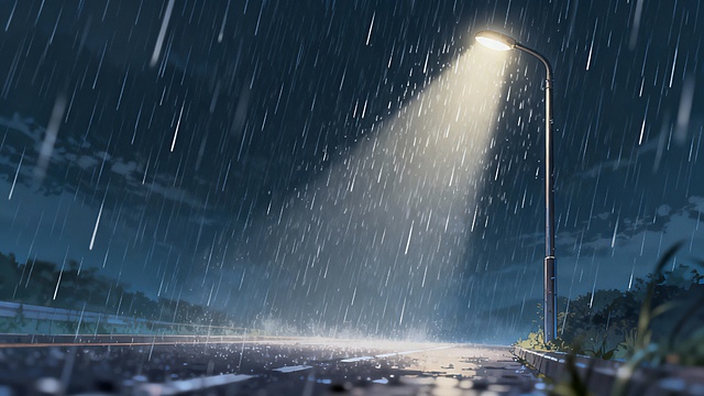 Makoto Shinkai art style, 2D anime, low angle shot, heavy rain falling from above, street light beam cutting through raindrops, blurred road below, no people, intense and stormy, detailed rain animation, 16:9 aspect ratio