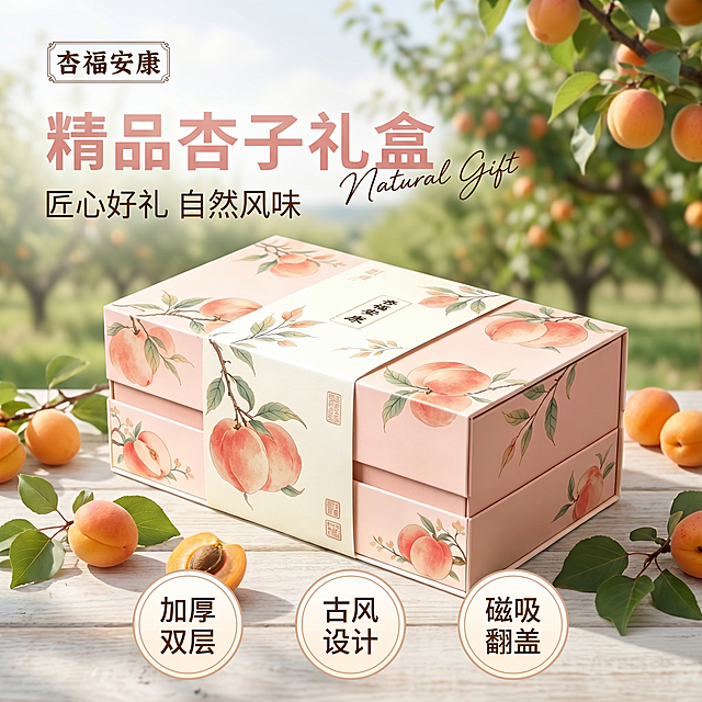 使用电商主图技能生成1张比例1:1的电商主图，适配平台为淘宝/天猫，商品为「图片1」，商品卖点为加厚双层礼盒，珍珠棉内衬，古风设计，磁吸翻盖，，其他要求为商品主题，精品杏子礼盒，背景乡村田园风