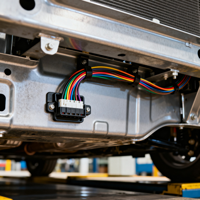 线束卡扣的实际应用场景图，固定在汽车车身钣金上，卡槽内卡着多根彩色汽车线束，周围是汽车底盘的金属结构，环境为汽车总装车间场景，光线自然，真实还原使用场景，细节清晰预览效果