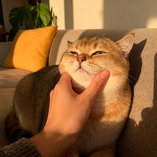 请做一组撸猫的图片：1、下巴按摩；2、耳后抚摸；3、脸颊按摩；4、全身按摩；5、尾巴根部；6、初次接触的图片