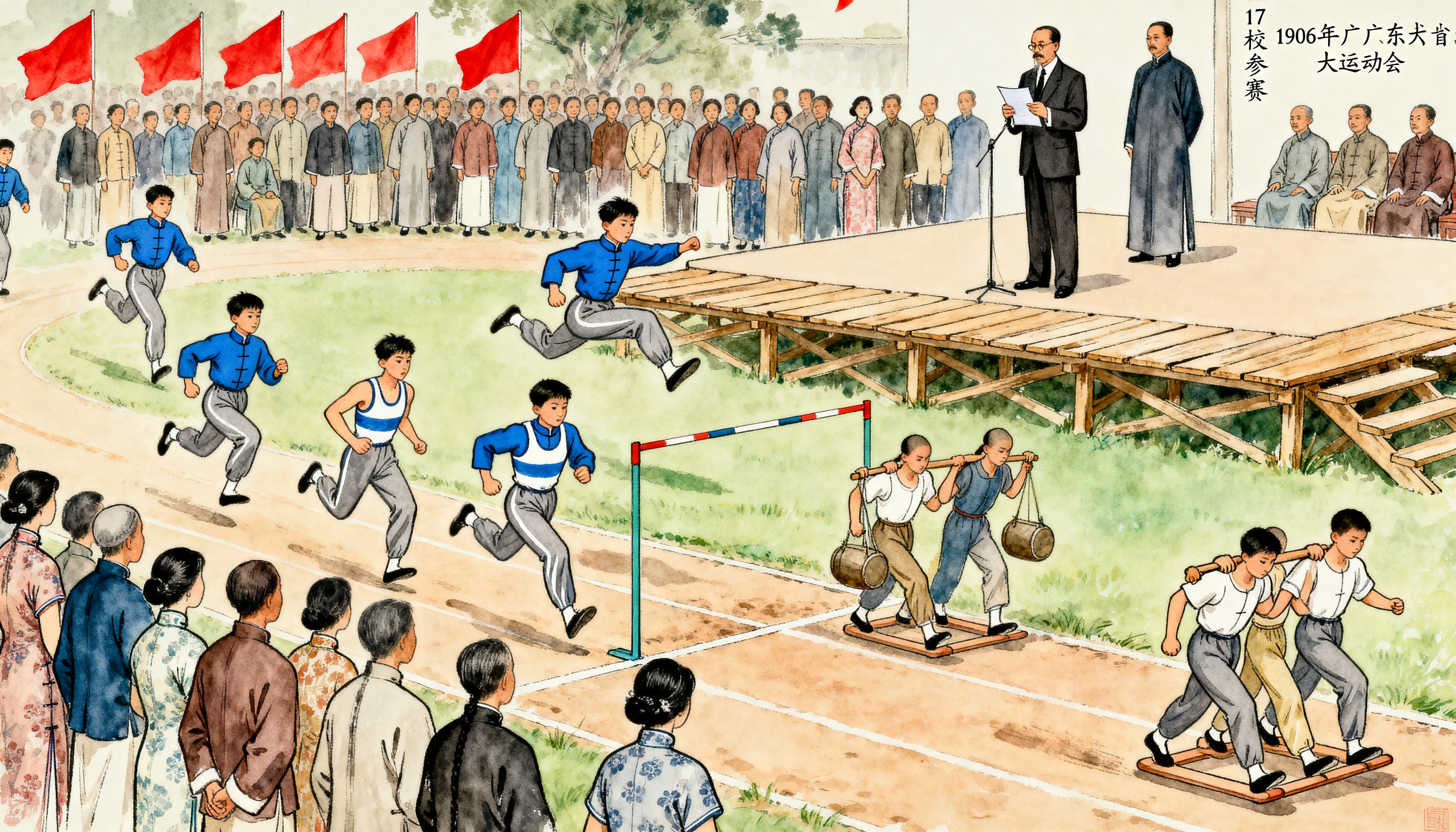 绘制1906年广东省运会场景：运动员分为多组，一组穿清末立领学… - 图片创意预览