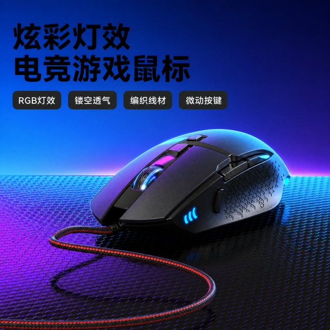 [主图-1] 电竞有线游戏鼠标产品首图展示。[氛围风格] 赛博科技电竞风格，高级科技感。[画质] 商业摄影质感，光线通透，产品清晰真实，画面干净高级。[元素] 保持电竞鼠标产品外观（物理结构、材质质感预览效果