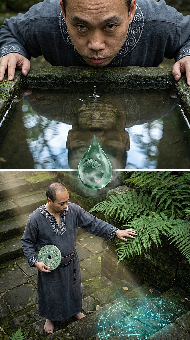 水墨风与科技感交织，古典人物凝视水滴中的龙影，虚拟现实投影浮现神秘符阵，国潮风中透出静谧梦幻之境。