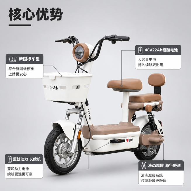 「图片1」，生成一套主图（5张），商品名称是台铃电动车，卖点是新国标大果粒，蓝鲸动力电池，48v22ah，液态减压，无驾驶证可上牌「图片1」适配淘宝/天猫平台，主图比例为1:1预览效果