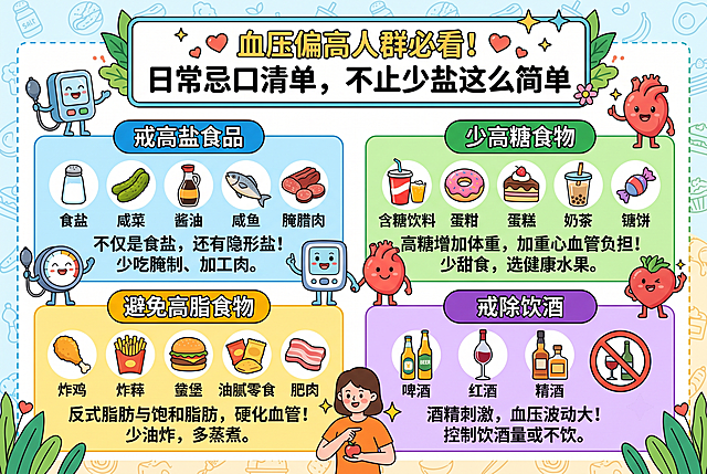 血压偏高人群科普宣传图，主题为日常忌口清单，配文"血压偏高人群必看！日常忌口清单，不止少盐这么简单"，动画风格，明亮清晰的健康科普视觉