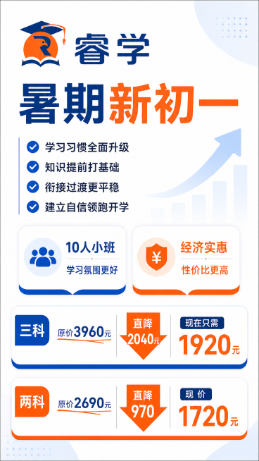 简约清新教育培训风格招生海报，9:16竖版排版，整体干净商业风格，层级清晰。顶部放置提供的睿学logo，主标题"暑期新初一"，副标题学习习惯全面升级，知识提前打基础，衔接过渡更平稳，建立自信领跑开学。预览效果