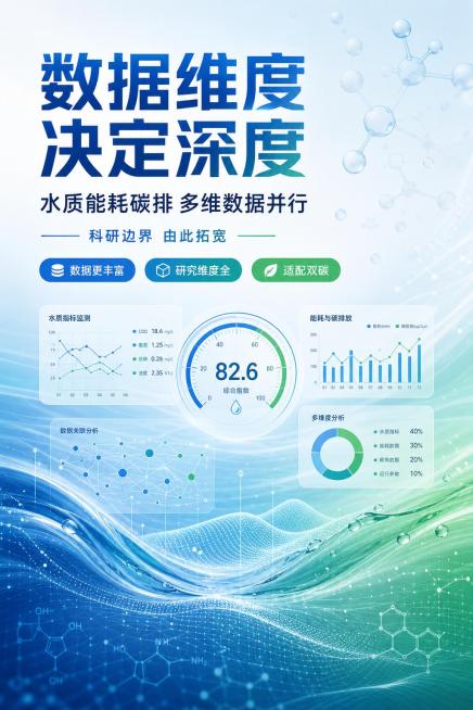 科技简约专业学术风格海报，蓝绿白三色渐变背景，抽象水处理科研数据可视化元素，主标题 "数据维度 决定深度"，副标题 "水质能耗碳排 多维数据并行"，装饰标语 "科研边界 由此拓宽"，卖点标签：数据更丰预览效果