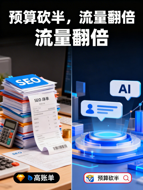 左右分栏对比图，左侧是SEO堆文件和高账单，右侧是AI对话框和品牌露出，顶部配醒目的大字文案"预算砍半，流量翻倍"，设计对比鲜明，清晰直观。预览效果