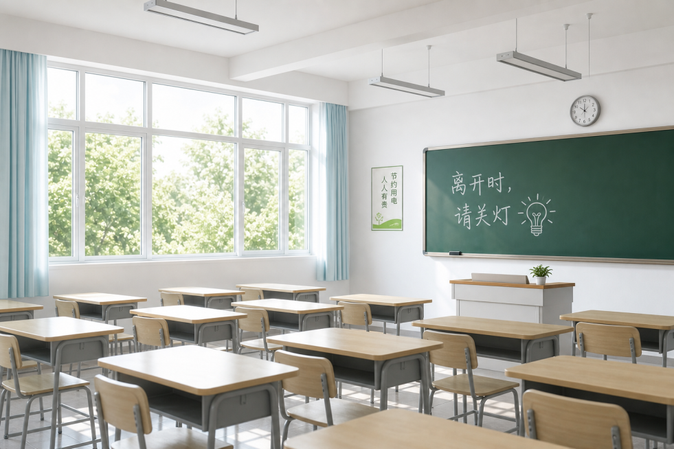 基于原图生成一张完整干净的教室整张图片，保留原有的课桌椅、黑板、窗户、节约用电标语和关灯提示，保持明亮清新的教室风格，去掉画面中的不规则遮挡和空白，补全为完整矩形构图预览效果