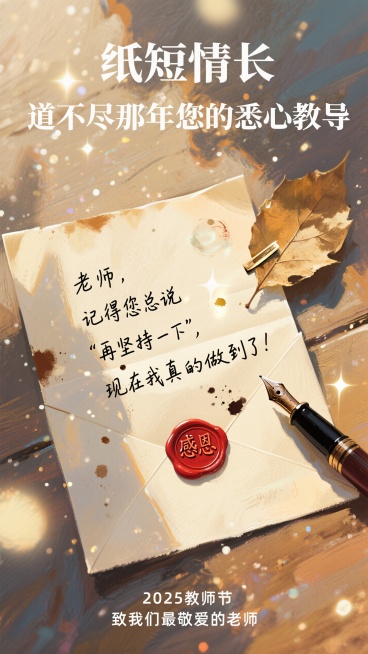 背景是“泛黄的信纸纹理”，画面左侧是“一张折叠的信纸”，信纸边缘有“咖啡渍/墨水渍”，信纸展开的部分写着“手写体的感谢语”（如：“老师，记得您总说‘再坚持一下’，现在我真的做到了”），字迹有些歪歪扭扭预览效果