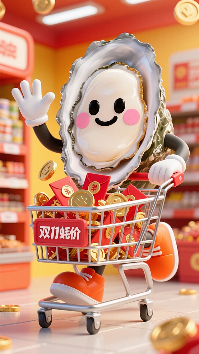 中心是一只拟人化的生蚝，外壳呈灰色，内里是奶白色的蚝肉，绘有黑色小眼睛、微笑和粉红腮红，白手套，橘红色的鞋子。它在一只手招手，另一手推着购物车。购物车里面有很多红包和金币，有一些已经溢出来了，购物车上面写着“双11蚝价”。主色调为红色，橙色和黄色。在超市里。