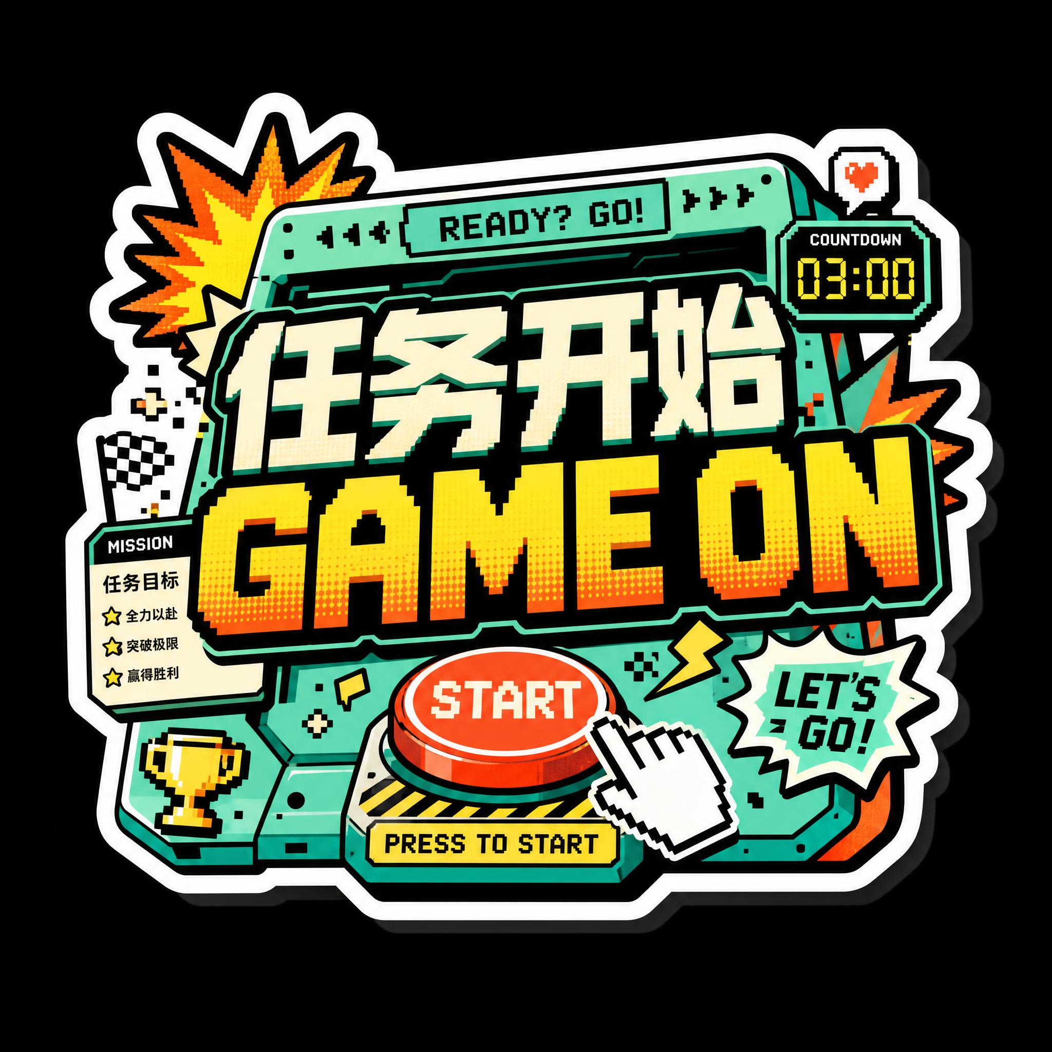 纯黑背景，一个独立的异形手举牌贴纸，主题为「任务开始 GAME… - 图片创意预览