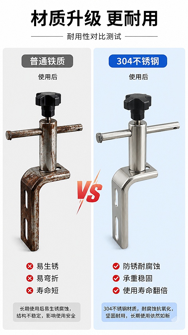 [第6屏] 性能对比测试页-不锈钢钣金支架耐用性对比。本屏使用【图1】作为对比产品主体。
[氛围/风格] 对比实验风，干净简洁背景，突出性能差异，专业可信。
[元素布局] 页面左右分栏，左侧为普通铁质支架，右侧为本款304不锈钢支架，对比展示使用后效果：左侧铁质生锈变形，右侧不锈钢完好光亮，标注出关键差异点，本款产品结构和外观与原图保持一致。
[光影质感] 均匀打光，左右两侧亮度一致，差异点高亮展示，对比清晰。
[配色色系] 全局底色 #FFFFFF，左栏浅灰背景，右栏浅蓝背景，黑色标题，红色差异标注。
[视角构图] 左右对比构图，均衡分栏，差异一目了然。
[文字版式] 顶部主标题「材质升级 更耐用」，左侧栏标注「普通铁质」，特点易生锈、易弯折、寿命短；右侧栏标注「304不锈钢」，特点防锈耐腐蚀、承重稳固、使用寿命翻倍，文字清晰对比明确，不遮挡产品主体。
[比例分辨率] 9:16竖版比例，4K分辨率，文字清晰可辨，高清画质。
[负向提示词] 产品变形，对比错乱，文字模糊，颜色偏差，水印