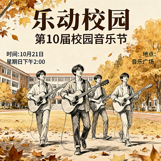 清新文艺风格音乐节海报，金秋季节，素描吉他乐队，主标题“乐动校园”，副标题“第10届校园音乐节”，文字信息：时间: 10月21日 星期日下午2:00，地点:音乐广场，校园秋日氛围，暖黄棕色调