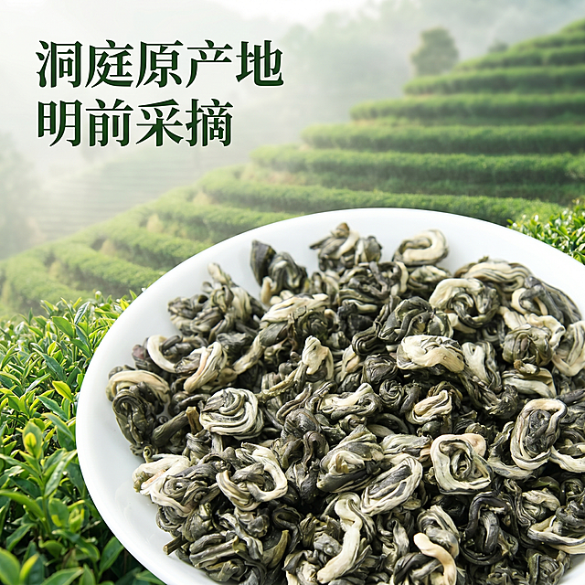 [主图 6] 碧螺春源头产地展示；
[氛围风格] 原生态自然清新，突出源头直采高品质；
[画质] 商业摄影质感、光线柔和通透、产品清晰真实、画面干净高级；
[元素] 前景放置白瓷盘装满本款碧螺春干茶，背景虚化朦胧处理为早春碧螺春茶园，层层茶树绿意盎然；保持碧螺春干茶外观颜色卷曲形态和原图一致，杜绝变形色差；商品主体占比60%，画面满屏无边框；
[光影] 春日柔和自然光，前景清晰背景朦胧，通透自然；
[配色] 背景茶园绿色为主，前景茶叶绿白搭配，干净清新；
[视角构图] 前实后虚构图，突出茶叶，背景带出产地氛围；
[文字版式] 左上角标注 "洞庭原产地 明前采摘"，深绿色字号适中，不遮挡主体；
[比例分辨率] 1:1 比例，2k 分辨率；文字清晰可辨，超高清。
[负向提示词] 变形，水印，文字错乱，产品图模糊，背景杂乱，遮挡主体