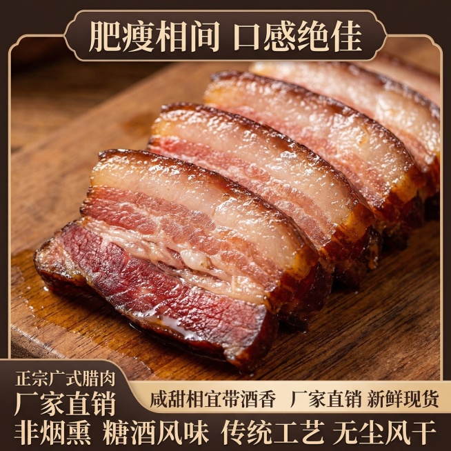 这张图片是产品主体这款产品是广式腊肉 我需要设计20张主图在拼多多上面售卖    主图场景布局可以用厨房 炒腊肉 腊肉细节等设计一个高级有食欲一些主图文案内容 正宗广式腊肉 厂家直销 新鲜现货 咸甜相预览效果