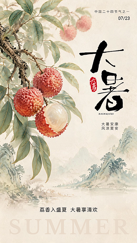 黄色大暑节气手机海报