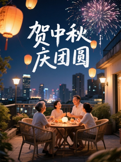 摄影风，中秋之夜，烟花，城市中的天台庭院、休闲桌椅、家人团聚，标题为白色文字“贺中秋 庆团圆”，粉笔笔触，文字周围有几个灯笼点缀预览效果