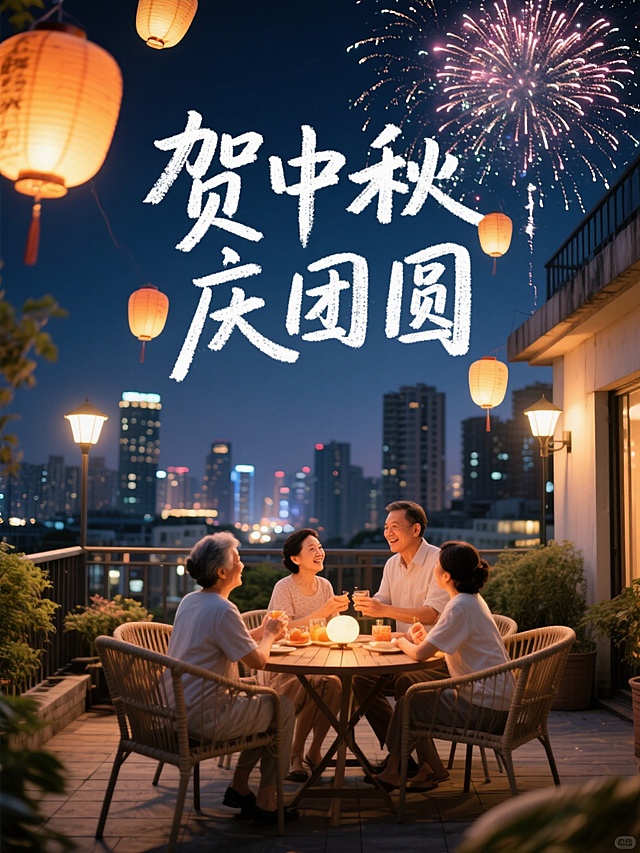 中秋夜景，家人围坐，灯笼高挂，烟花绽放，大字“贺中秋庆团圆”尽显喜庆温馨的中式实景水墨风。