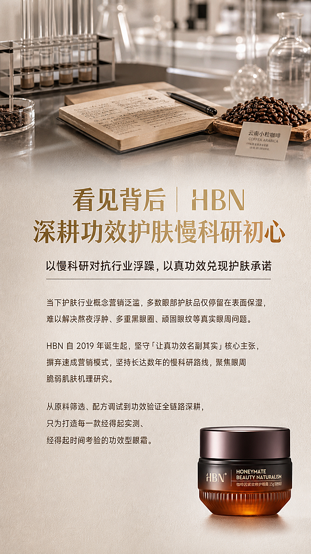 「图片1」
全局强制规范，采用京东详情页经典上下三层分层排版，背景为浅米棕哑光肌理墙面，叠加微弱实验室磨砂玻璃质感，营造沉静、专业的长效研发氛围。画面最上层：虚化全景极简现代实验室场景，陈列立式玻璃试剂架、牛皮纸质实验记录本、天然云南小粒咖啡原料堆、精密玻璃器皿，场景写实高清，景深虚化突出文字主体；画面中层：居中放置大号金色方正兰亭主标题「看见背后｜HBN 深耕功效护肤慢科研初心」，下方搭配深棕色次级标题「以慢科研对抗行业浮躁，以真功效兑现护肤承诺」，再排布三段浅棕色方正兰亭正文长文，深度解读：当下护肤行业概念营销泛滥，多数眼部护肤品仅停留在表面保湿，难以解决熬夜浮肿、多重黑眼圈、顽固眼纹等真实眼周问题。HBN 自 2019 年诞生起，坚守「让真功效名副其实」核心主张，摒弃速成营销模式，坚持长达数年的慢科研路线，聚焦眼周脆弱肌肤机理研究，从原料筛选、配方调试到功效验证全链路深耕，只为打造每一款经得起实测、经得起时间考验的功效型眼霜。画面下层：大面积留白，右下角小幅点缀完整封盖眼霜罐身 (图 1)，罐体完整清晰，作为视觉锚点，不遮挡任何文字内容，罐体光影与整体实验室氛围融合。全画面元素排布疏密有致，视觉动线从上至下流畅，完美承接上方「眼周问题解析」模块，引导用户深入了解产品背后的科研支撑。
负面提示词